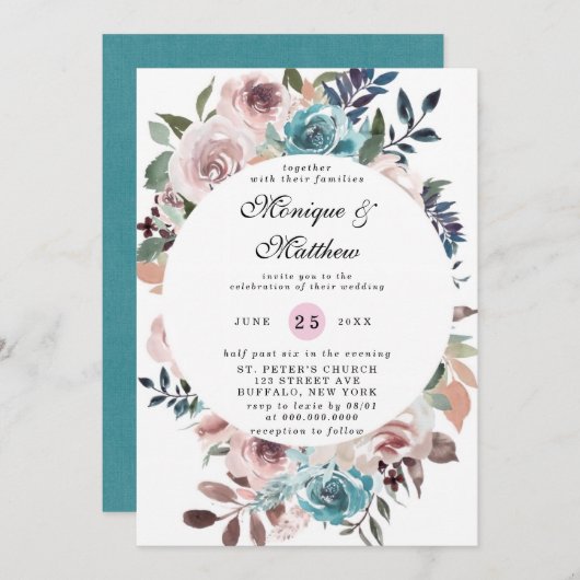 Chic Pink und Aquamarine Peony Wedding Einladung (Vorne/Hinten)