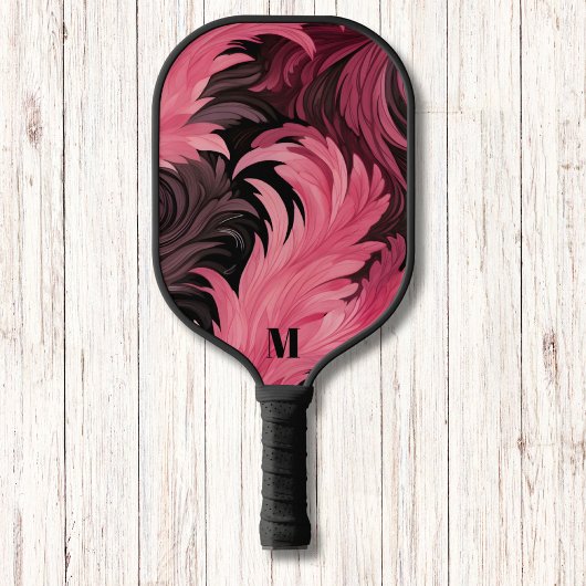Chic Pink und Black Feathers Leaf Moderne Monogram Pickleball Schläger