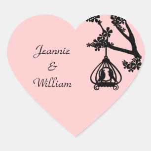 Chic Pink und Black Love Birds Heart Sticker