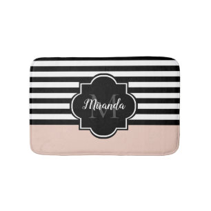Chic Pink und Black Wide Stripes Name und Monogram Badematte