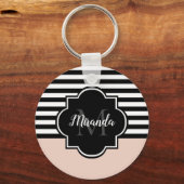 Chic Pink und Black Wide Stripes Name und Monogram Schlüsselanhänger (Vorderseite)