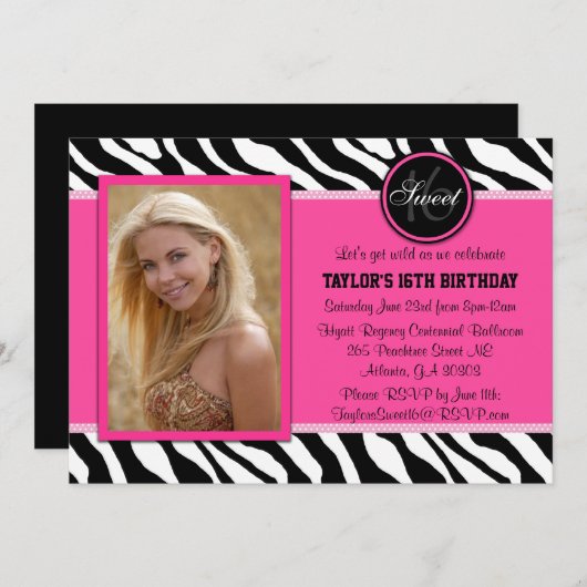 Chic Pink und Black Zebra Print Foto Einladung (Vorne/Hinten)