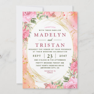 Chic Pink und Gold Floral Foto Einladung Hochzeit