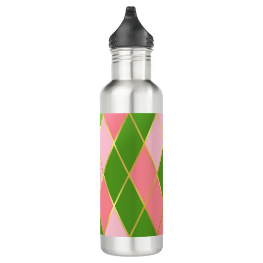 Chic Pink und Green Raute Mit Monogramm Edelstahlflasche (Rechts)