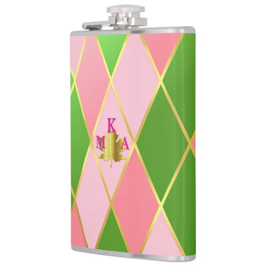 Chic Pink und Green Raute Mit Monogramm Flachmann (Links)