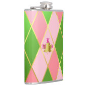 Chic Pink und Green Raute Mit Monogramm Flachmann (Rechts)