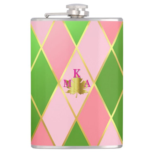 Chic Pink und Green Raute Mit Monogramm Flachmann (Vorderseite)
