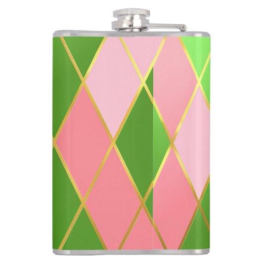 Chic Pink und Green Raute Mit Monogramm Flachmann (Rückseite)