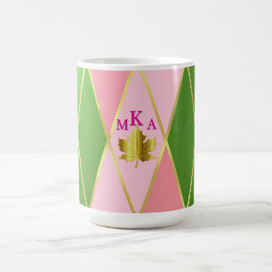 Chic Pink und Green Raute Mit Monogramm Kaffeetasse