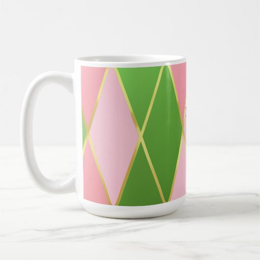 Chic Pink und Green Raute Mit Monogramm Kaffeetasse (Links)