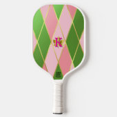 Chic Pink und Green Raute Mit Monogramm Pickleball Schläger (Rückseite)