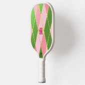 Chic Pink und Green Raute Mit Monogramm Pickleball Schläger (Links)