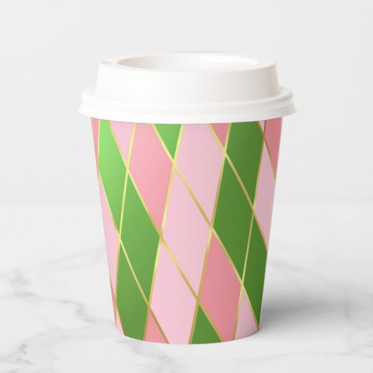 Chic Pink und Green Raute Pappbecher (Rückseite)