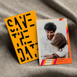 Chic Pink und Orange 70er Retro Stripes Wedding Save The Date
