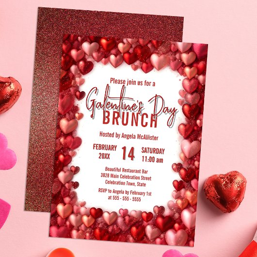 Chic Pink und Red Hearts Galentine's Brunch Einladung
