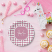 Chic Pink und White Checked Mit Monogramm Name Pappteller (Party)
