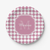 Chic Pink und White Checked Mit Monogramm Name Pappteller (Vorderseite)