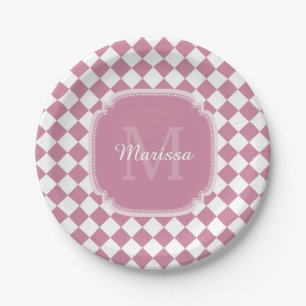 Chic Pink und White Checked Mit Monogramm Name Pappteller