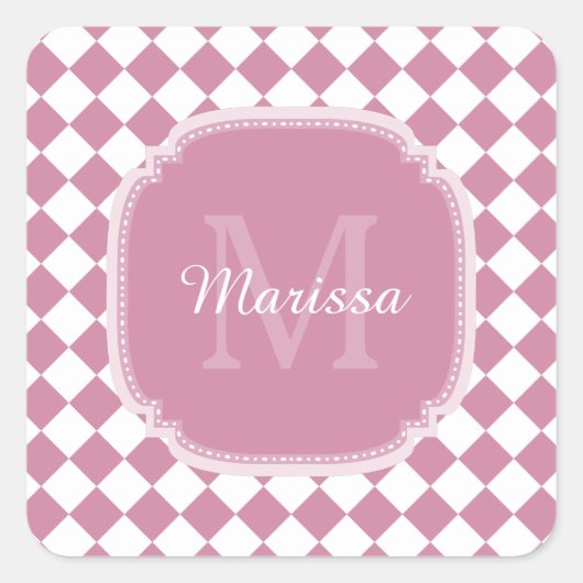 Chic Pink und White Checked Mit Monogramm Name Quadratischer Aufkleber (Vorderseite)