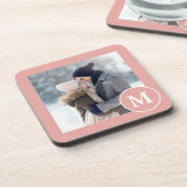 Chic Pink und White Monogram Foto Getränkeuntersetzer (Linke Seite)