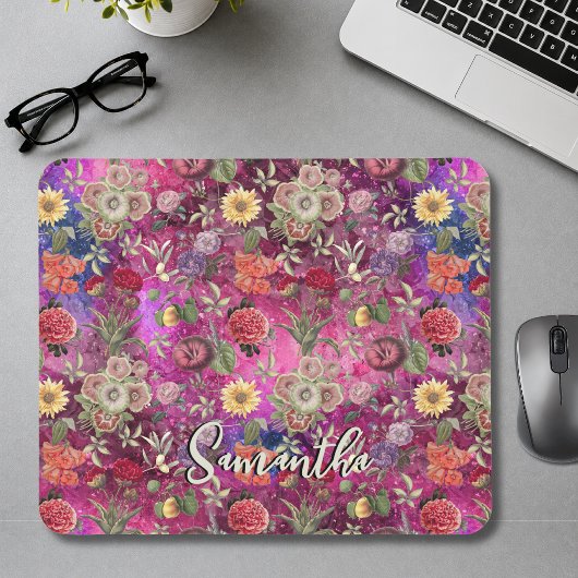 Chic pink violette Blumen monogramm Blumenmuster Mousepad