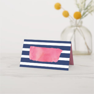 Chic Pink Wasserfarbe und blaue Streifen Platzkarte