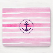 Chic Pink Wasserfarben Streifen Nautic Anker Mousepad (Vorne)
