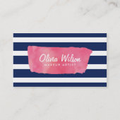 Chic Pink Watercolor Blue Stripes Makeup Artist Visitenkarte (Vorderseite)