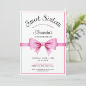 Chic Pink Watercolor Bow Sweet 16 Birthday Einladung (Stehend Vorderseite)