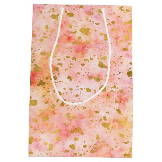 Chic Pink Watercolor Gold Confetti Mittlere Geschenktüte (Rückseite)