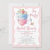 Chic Pink Wave Floral Brautparty Tee Party Einladung (Vorderseite)