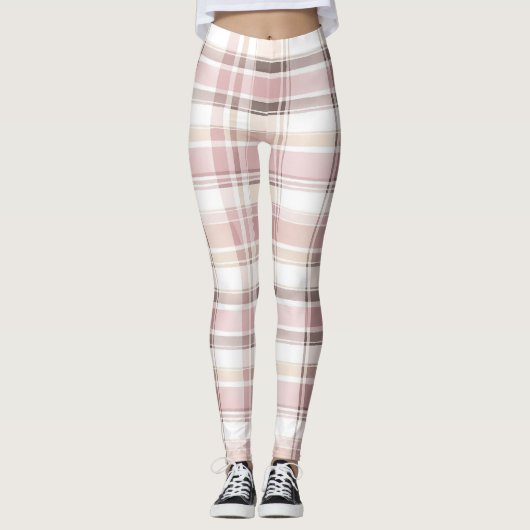 Chic Pink White Cream Karierte Streifen Leggings (Vorderseite)