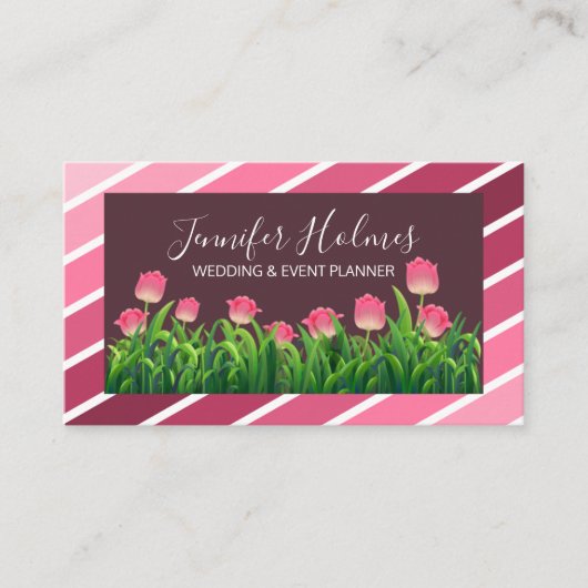 Chic Pink White Diagonal Stripes Tulip Visitenkarte (Vorderseite)