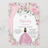 Chic Pink White Floral Silver Arch Taufe Einladung (Vorne/Hinten)