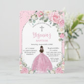 Chic Pink White Floral Silver Arch Taufe Einladung (Stehend Vorderseite)