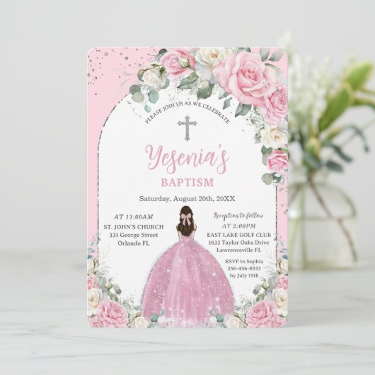 Chic Pink White Floral Silver Arch Taufe Einladung (Stehend Vorderseite)