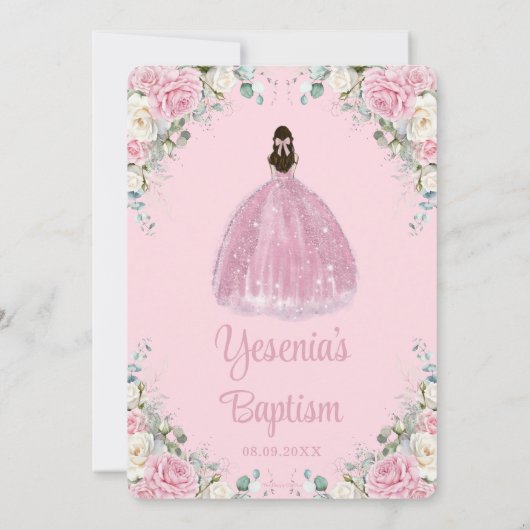 Chic Pink White Floral Silver Arch Taufe Einladung (Rückseite)