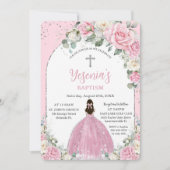 Chic Pink White Floral Silver Arch Taufe Einladung (Vorderseite)