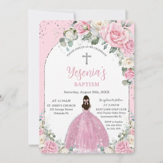 Chic Pink White Floral Silver Arch Taufe Einladung (Vorderseite)