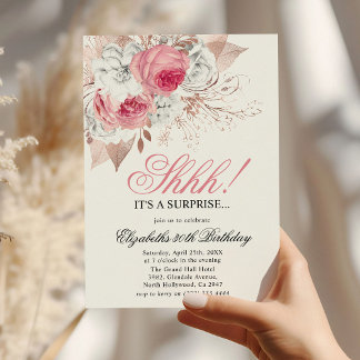 Chic Pink & White Floral Überraschung Geburtstagsp Einladung