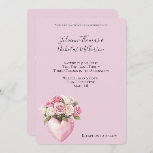 Chic Pink White Rose Blues Heart Wedding Einladung (Vorne/Hinten)