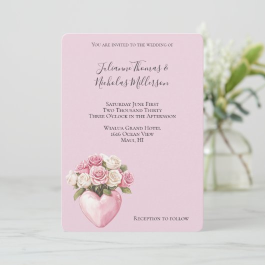 Chic Pink White Rose Blues Heart Wedding Einladung (Stehend Vorderseite)