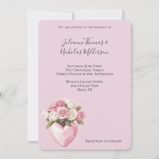 Chic Pink White Rose Blues Heart Wedding Einladung (Vorderseite)