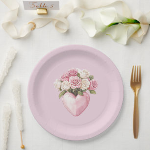 Chic Pink White Rose Blumenherz Brautparty Pappteller