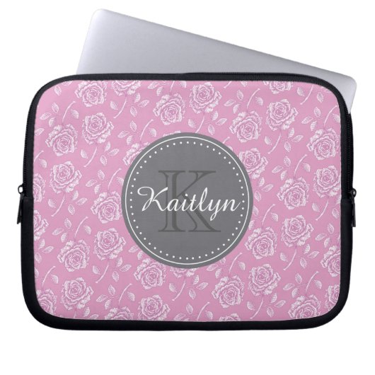 Chic Pink White Rose Muster Laptopschutzhülle (Vorderseite)