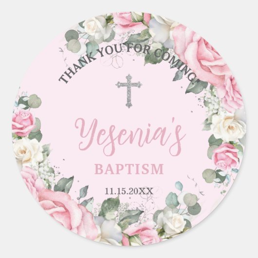 Chic Pink White Roses Blumentaufe Christening Runder Aufkleber (Vorderseite)