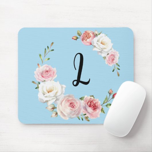 Chic Pink White Roses Initial Script Baby Blue Mousepad (Mit Mouse)