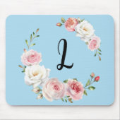 Chic Pink White Roses Initial Script Baby Blue Mousepad (Vorne)