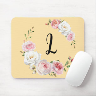Chic Pink White Roses Initial Script Beige Mousepad