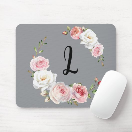 Chic Pink White Roses Initial Script Gray Mousepad (Mit Mouse)